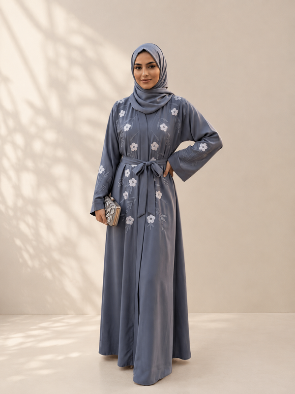 Silver Bloom Embroidered Abaya